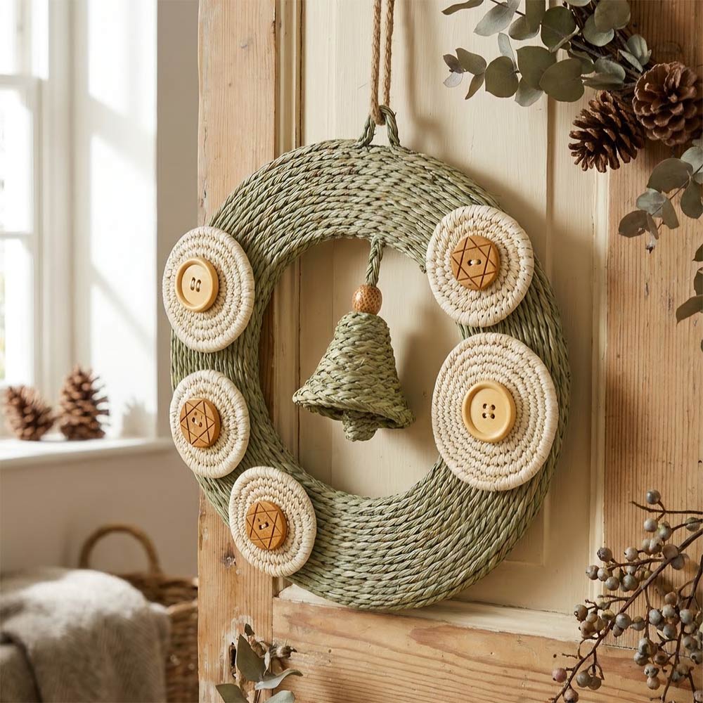 Sage Sabai Grass Wreath with Woven Bell and Button Charms