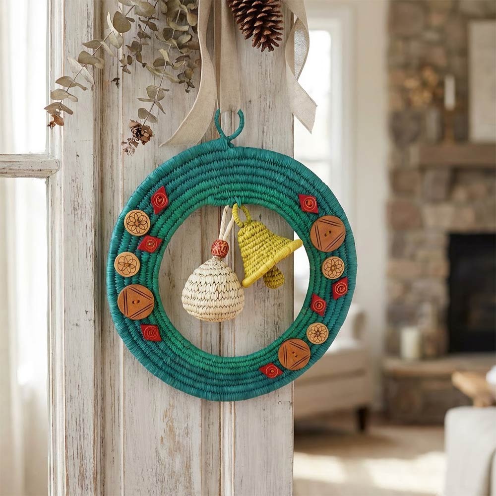 Teal Sabai Grass Wreath with Woven Bells and Charms