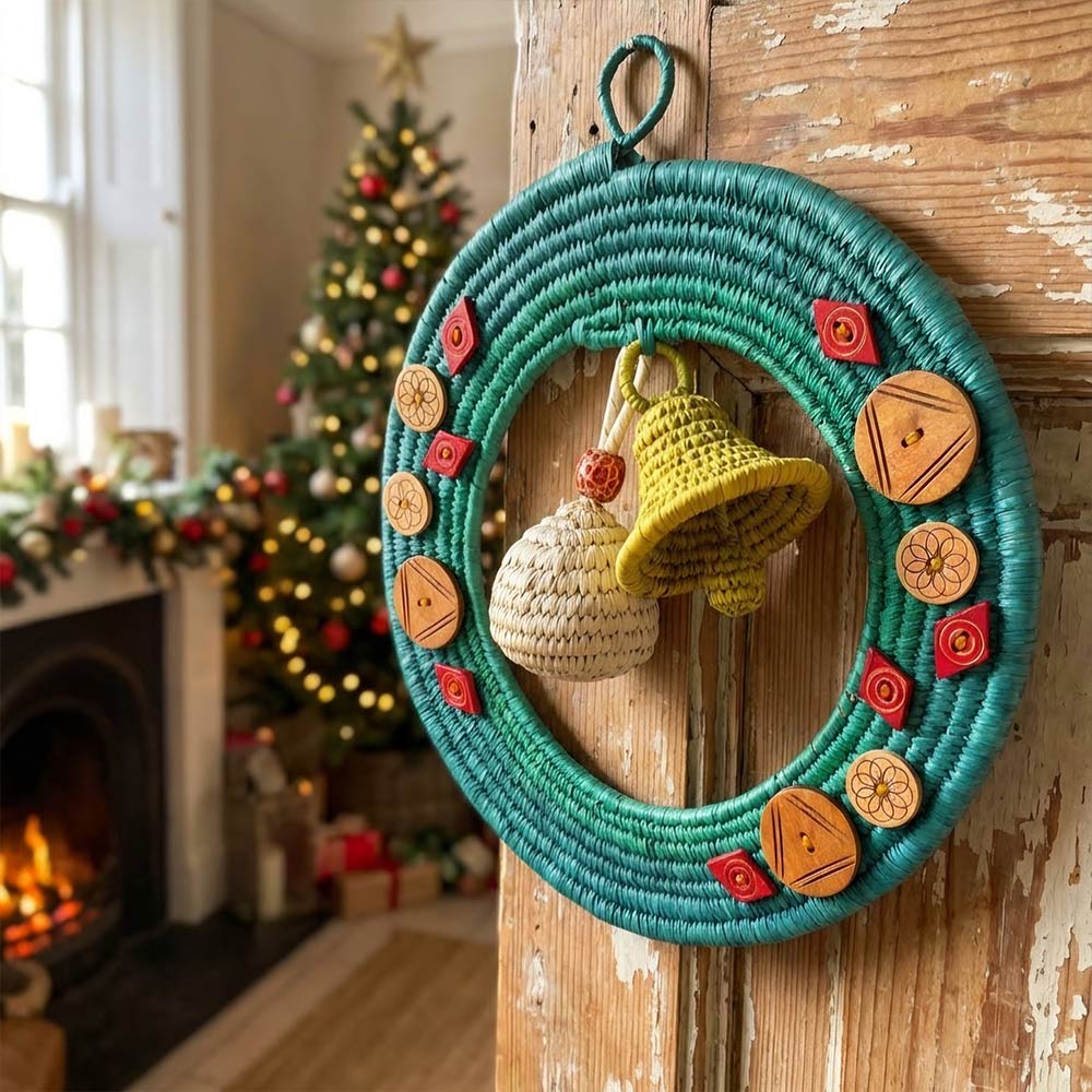 Teal Sabai Grass Wreath with Woven Bells and Charms