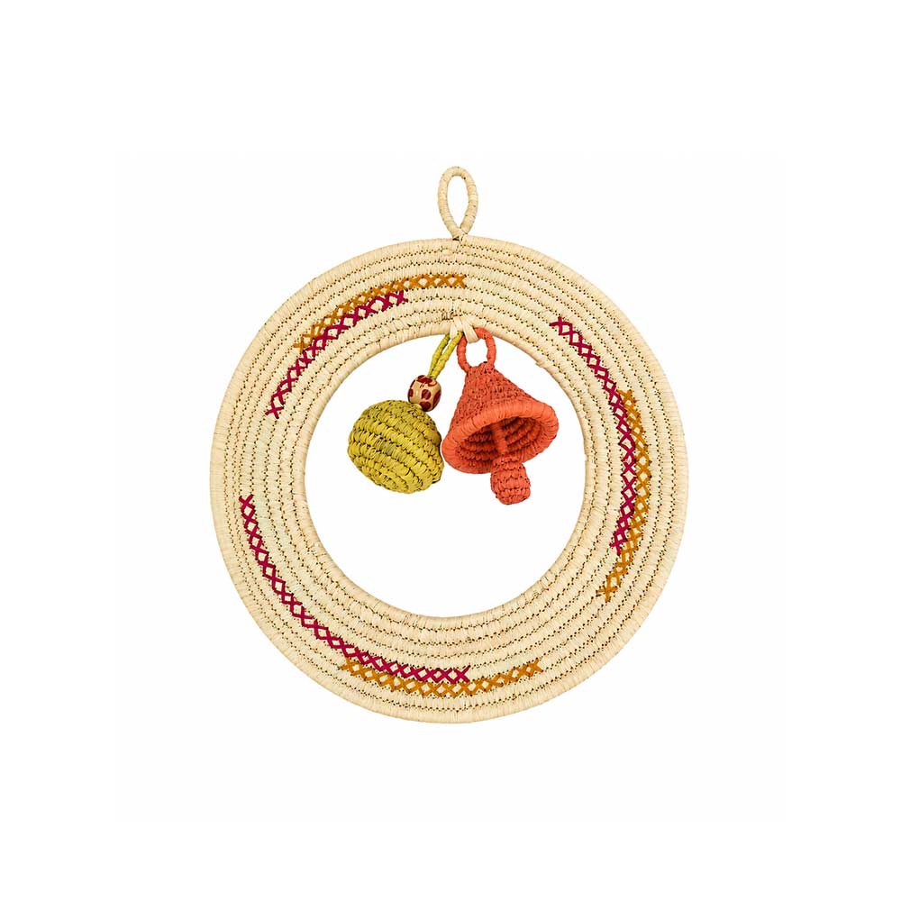 Handwoven Sabai Grass Circular Wall Art with Colorful Charms