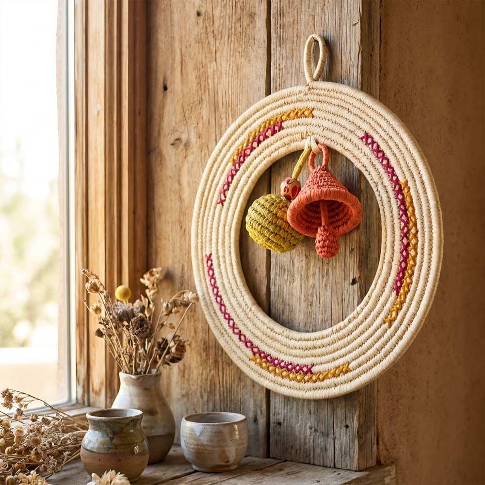 Handwoven Sabai Grass Circular Wall Art with Colorful Charms