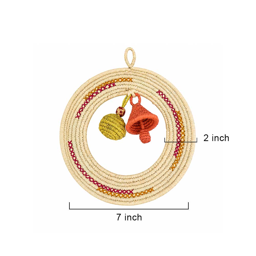 Handwoven Sabai Grass Circular Wall Art with Colorful Charms