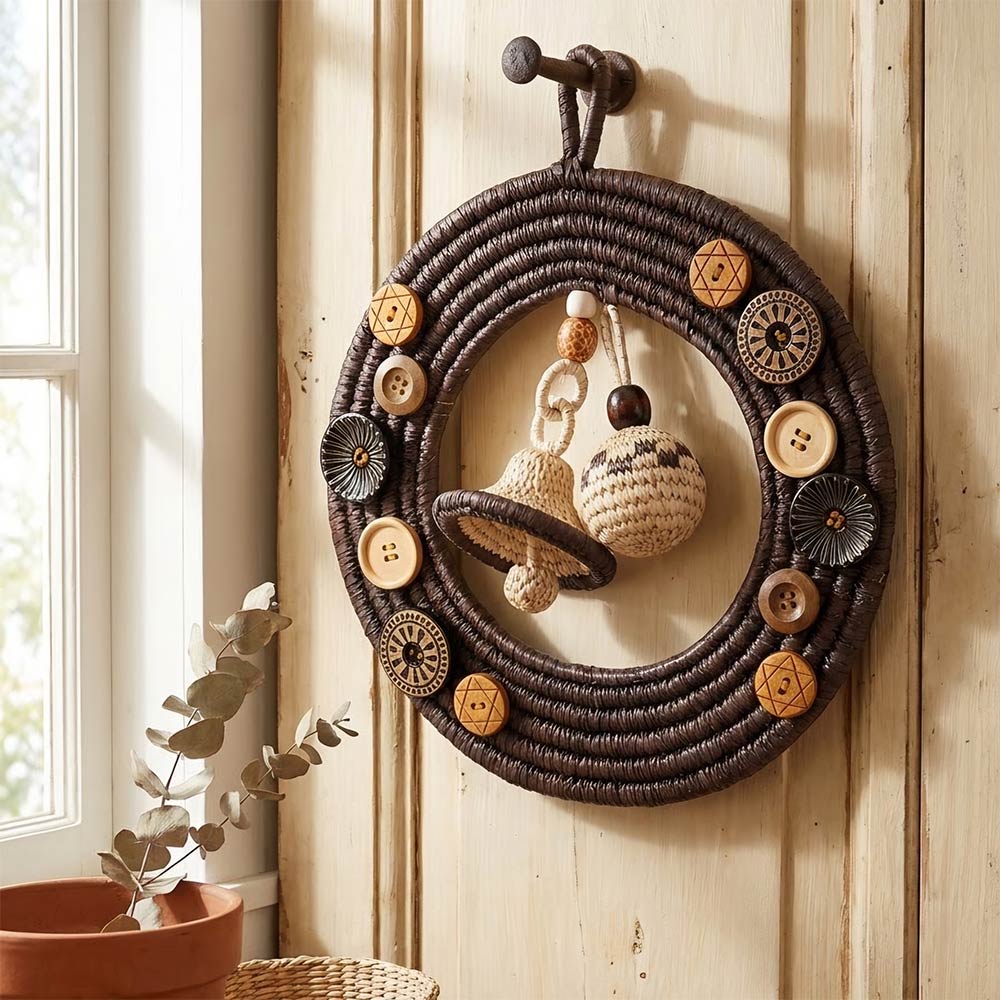 Rustic Sabai Grass Handwoven Wall Wreath with Hanging Bells