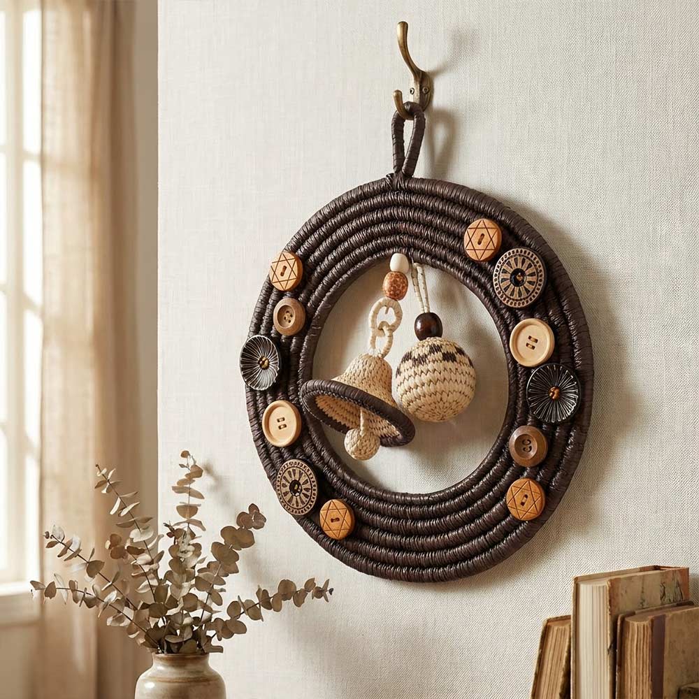 Rustic Sabai Grass Handwoven Wall Wreath with Hanging Bells