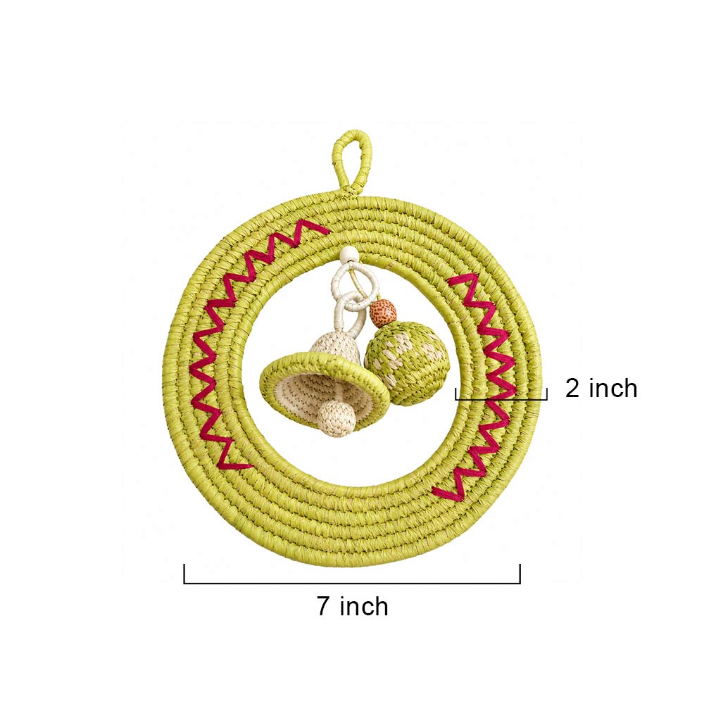 Chartreuse Sabai Grass Wreath with Handwoven Bell Ornament