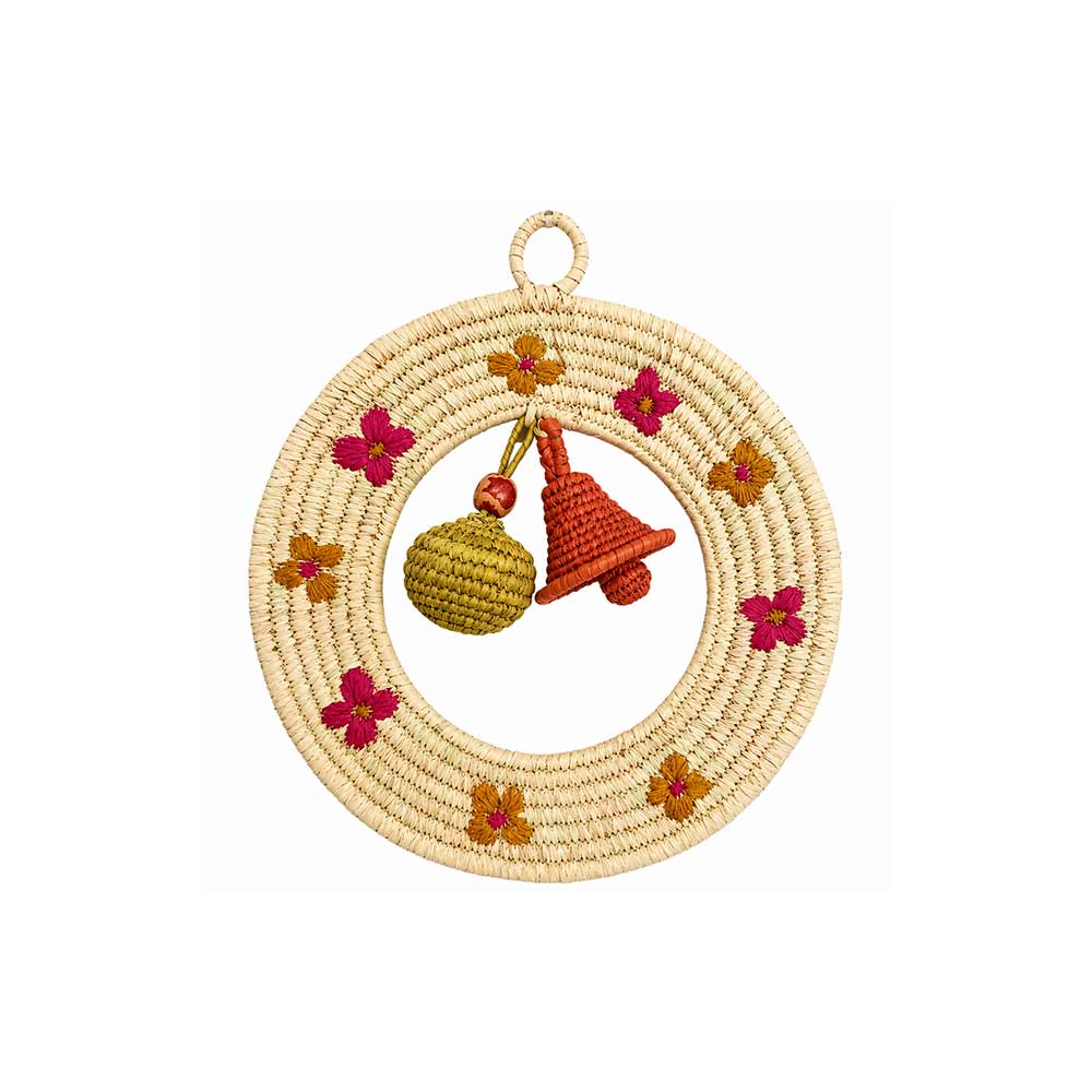 Floral Embroidered Sabai Grass Wreath with Handwoven Charms
