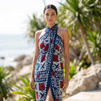 Navy Red White Cotton Block Print Floral & Geometric Scarf
