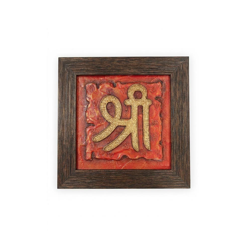 Front view of handcrafted Shree symbol stone painting in a dark wooden frame with red stone background