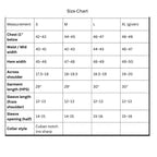 Size chart for clothing measurements in small, medium, large, and extra-large sizes.