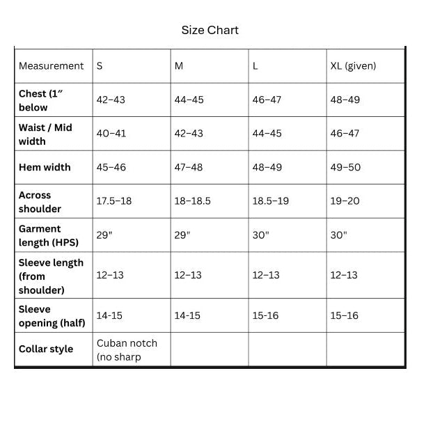Size chart for clothing measurements in small, medium, large, and extra-large sizes.