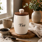 Handmade Speckled Ceramic Tea Canister with Wood & Marble Lid