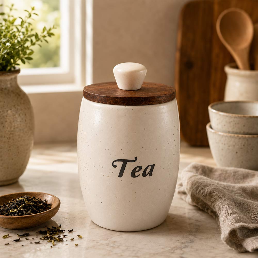 Handmade Speckled Ceramic Tea Canister with Wood & Marble Lid
