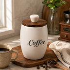 Rustic Speckled Ceramic Coffee Jar with Wood and Marble Lid
