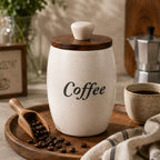 Rustic Speckled Ceramic Coffee Jar with Wood and Marble Lid