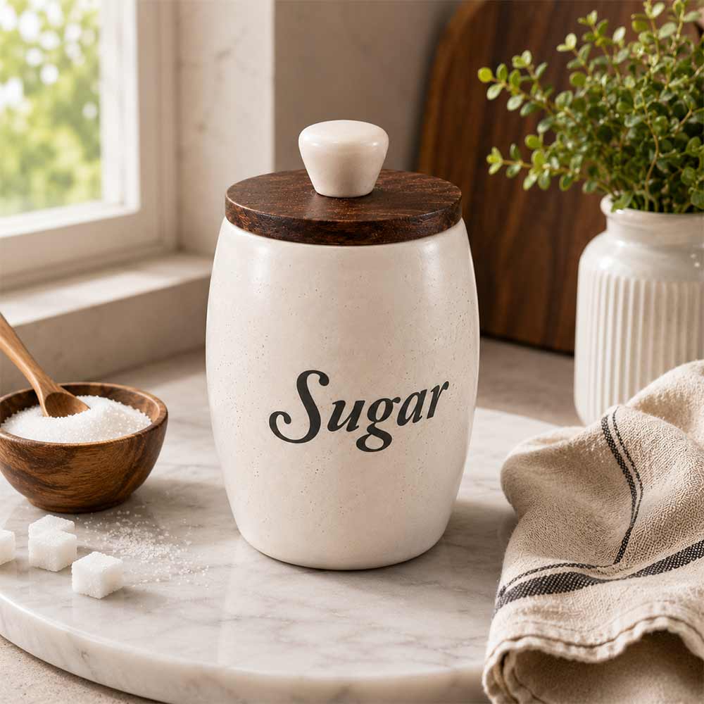 Handcrafted Speckled Ceramic Sugar Jar with Marble & Wood Lid