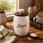 Handcrafted Speckled Ceramic Sugar Jar with Marble & Wood Lid