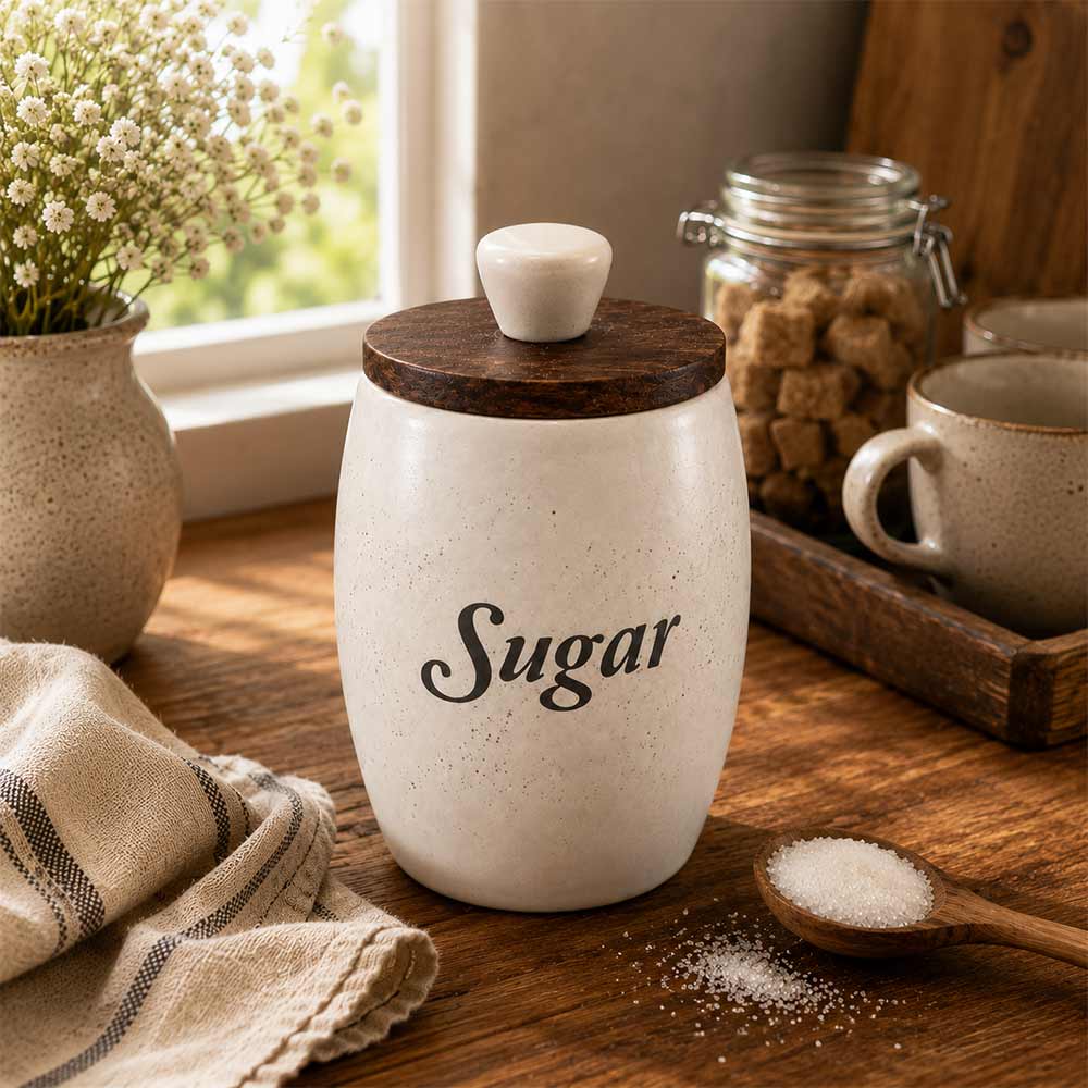 Handcrafted Speckled Ceramic Sugar Jar with Marble & Wood Lid