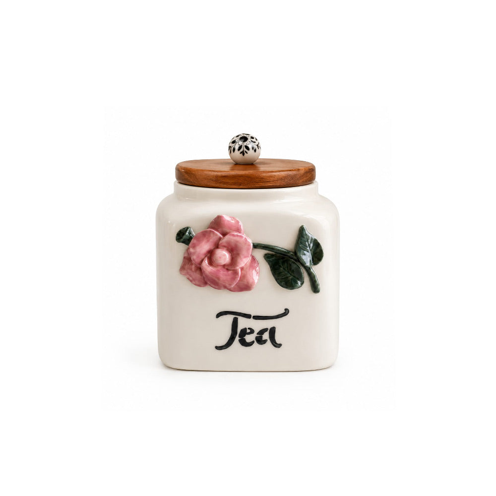Hand-Sculpted Pink Floral Ceramic Tea Jar with Wooden Lid