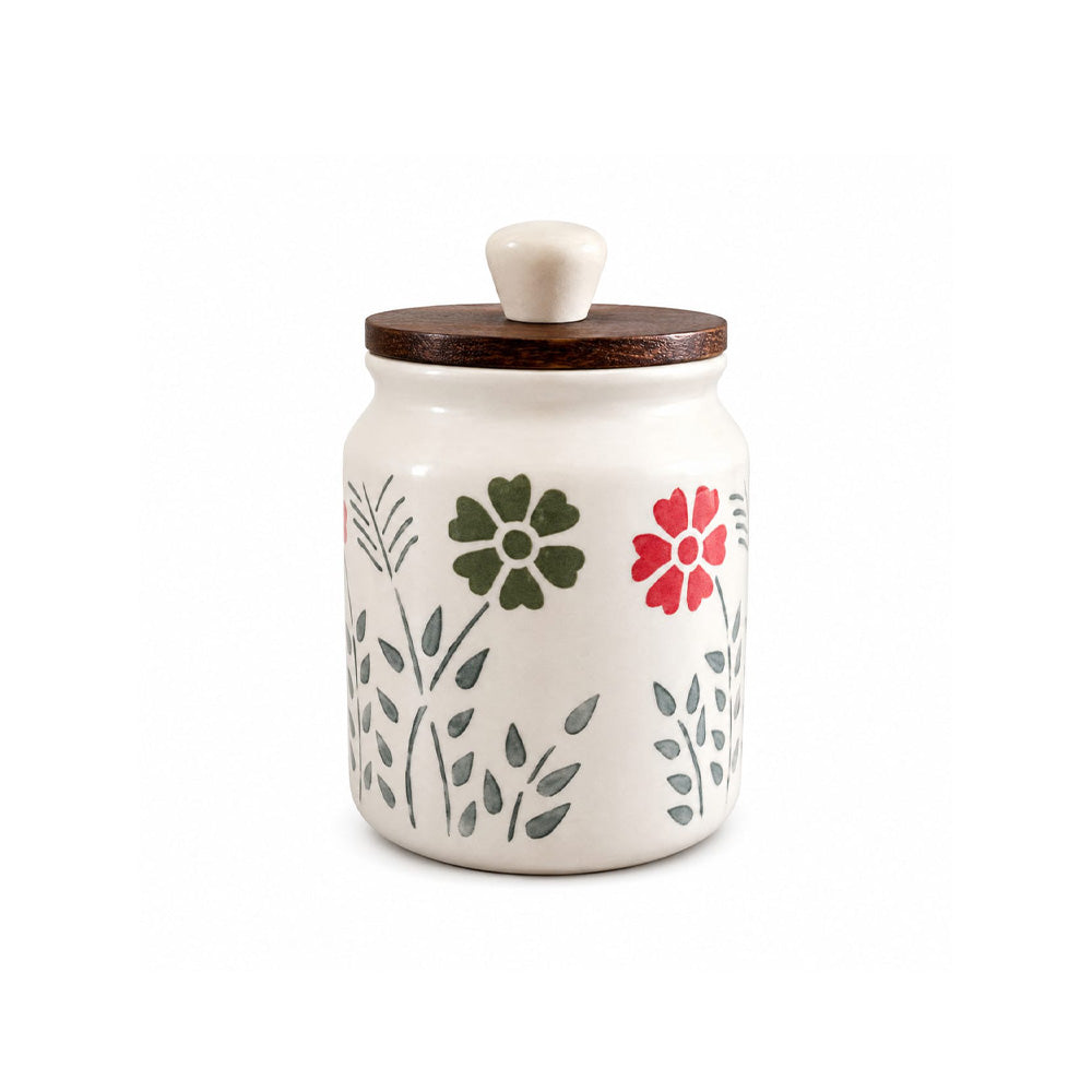 Hand-Painted Floral Ceramic Jar with Marble-Topped Wood Lid