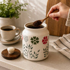 Hand-Painted Floral Ceramic Jar with Marble-Topped Wood Lid