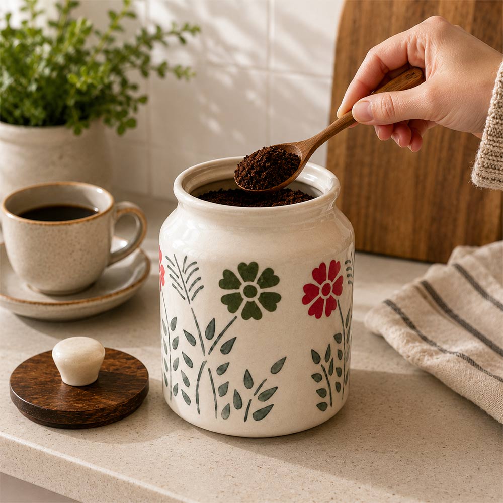 Hand-Painted Floral Ceramic Jar with Marble-Topped Wood Lid
