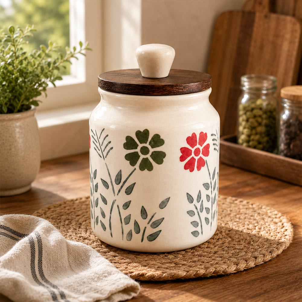 Hand-Painted Floral Ceramic Jar with Marble-Topped Wood Lid