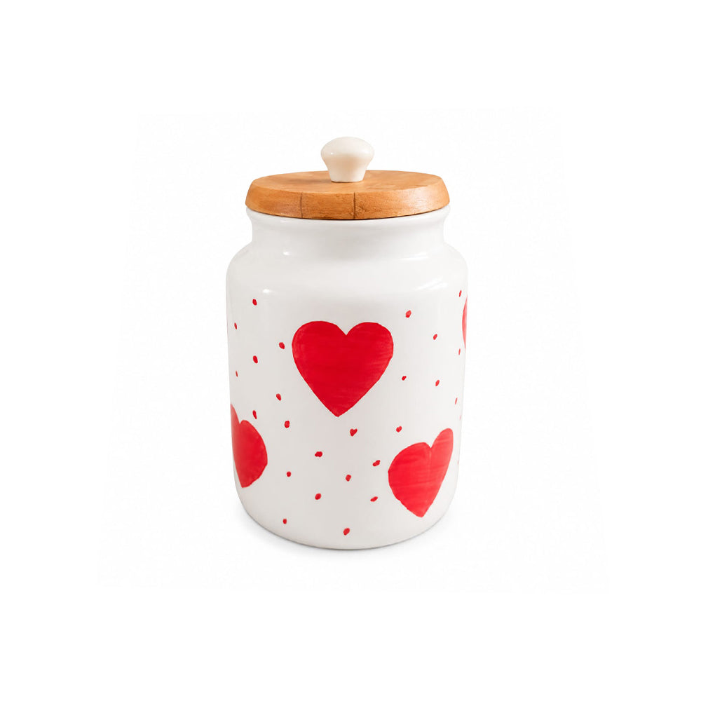 Hand-Painted Heart Motif Ceramic Storage Jar with Wooden Lid
