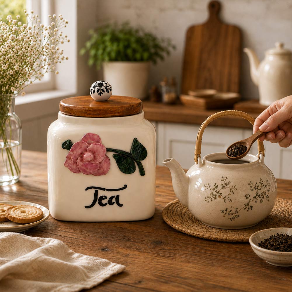 Hand-Sculpted Pink Floral Ceramic Tea Jar with Wooden Lid