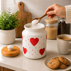 Hand-Painted Heart Motif Ceramic Storage Jar with Wooden Lid