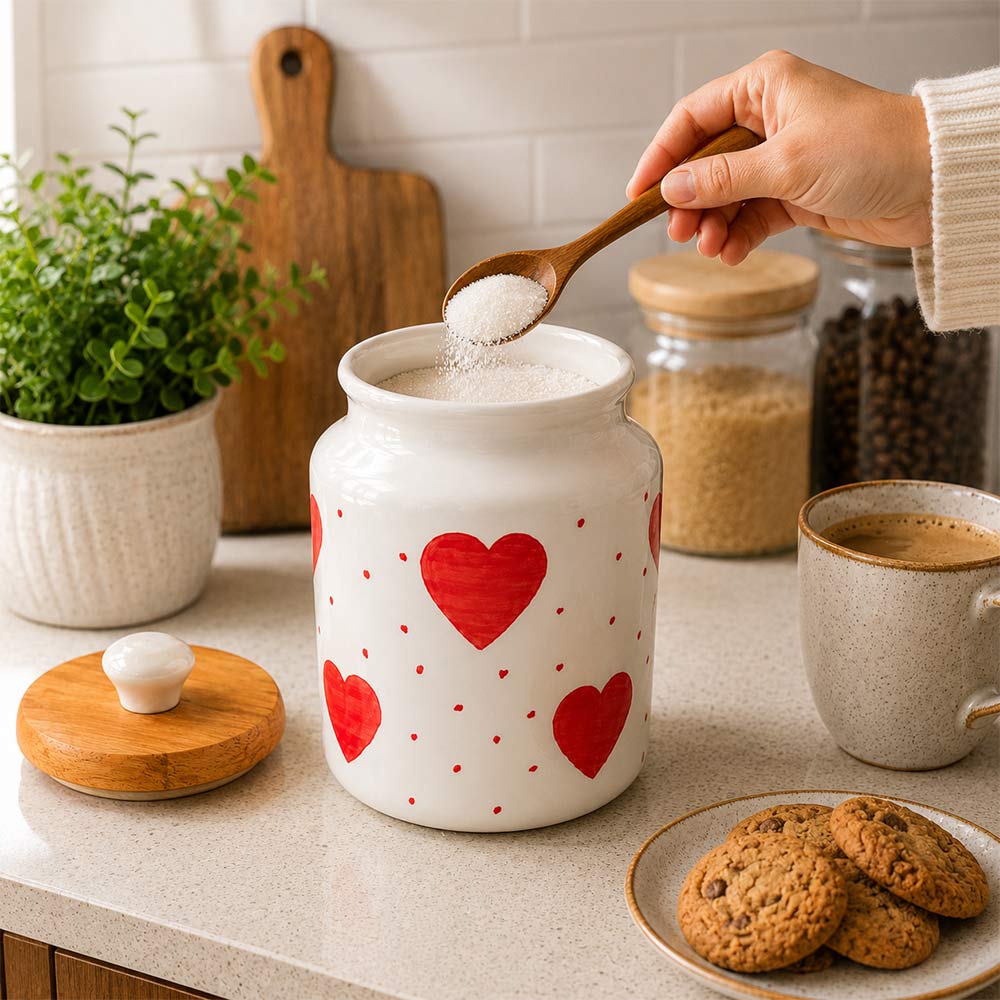 Hand-Painted Heart Motif Ceramic Storage Jar with Wooden Lid