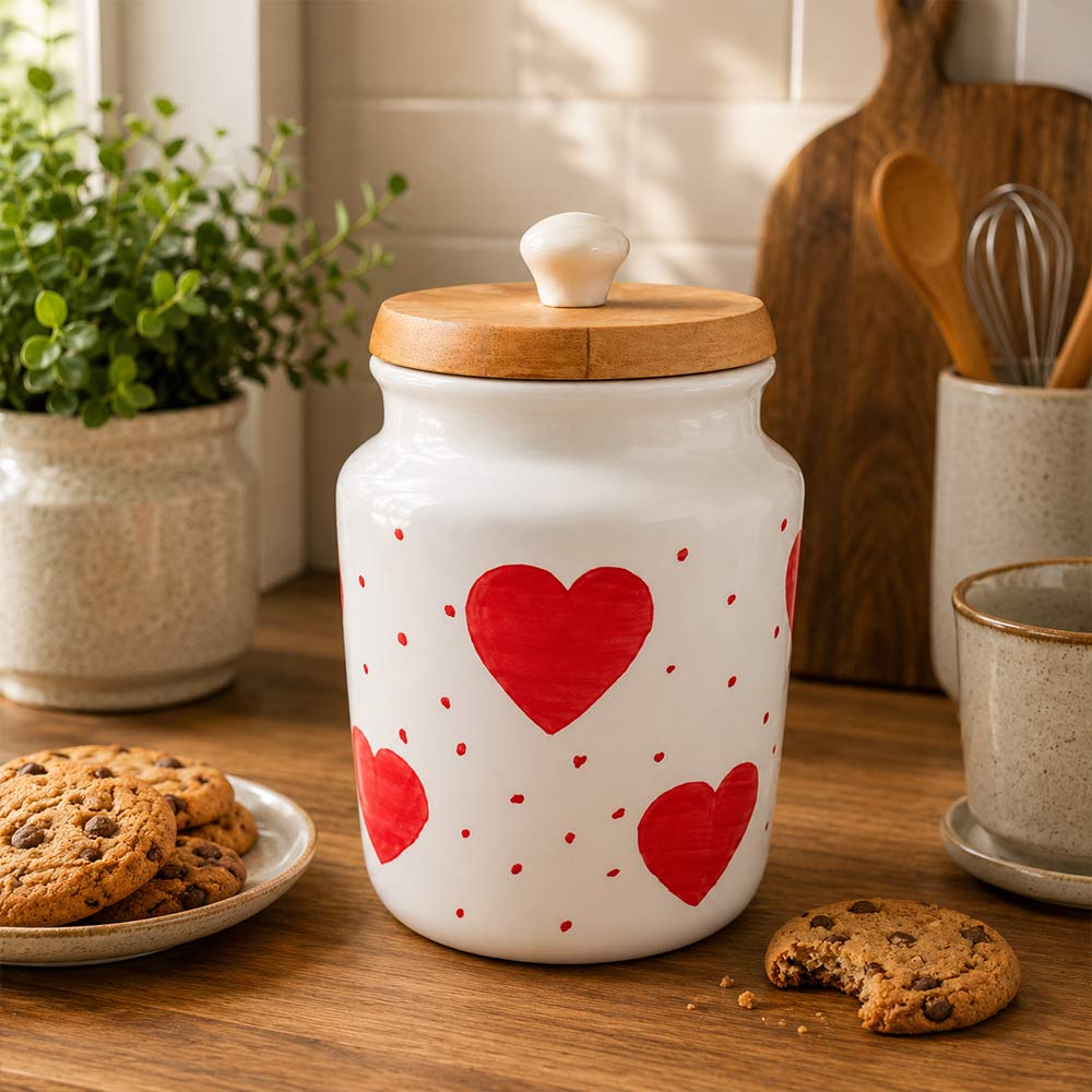 Hand-Painted Heart Motif Ceramic Storage Jar with Wooden Lid