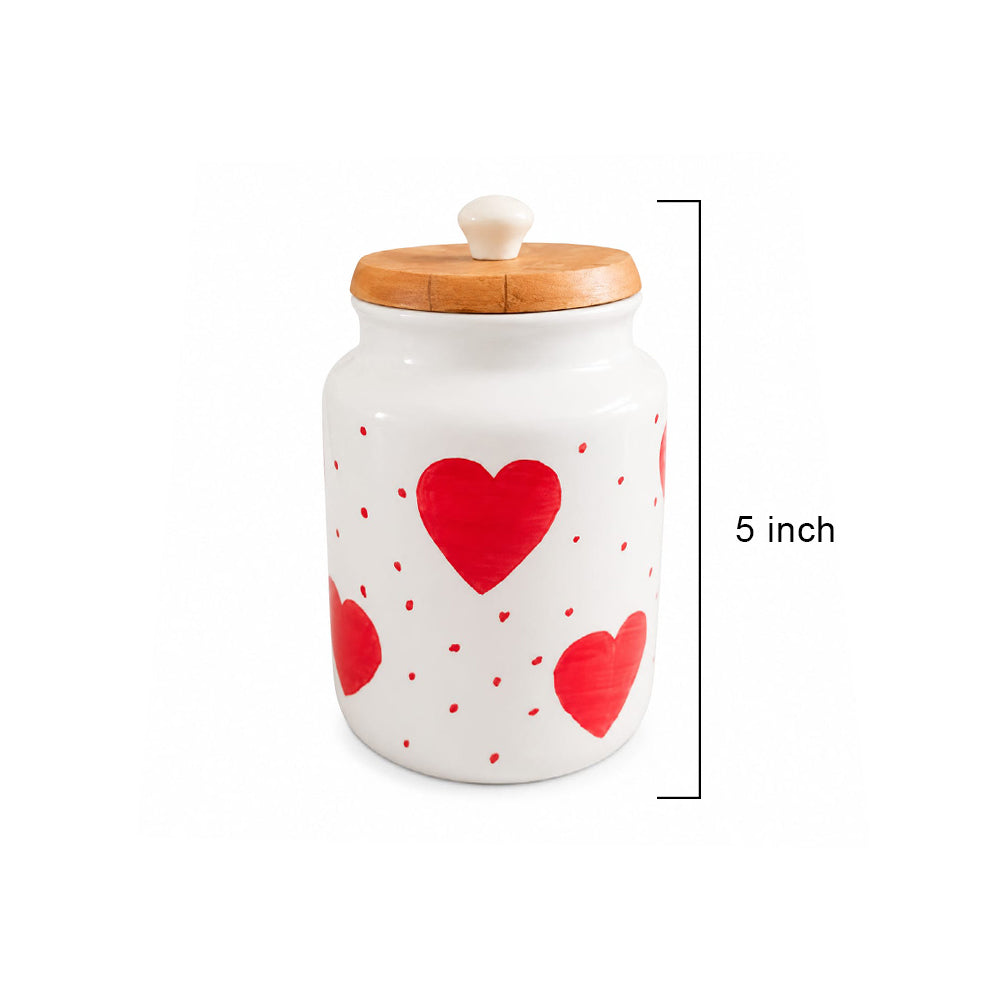Hand-Painted Heart Motif Ceramic Storage Jar with Wooden Lid