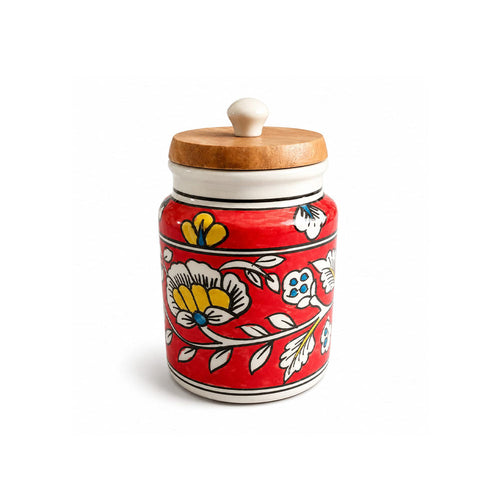 Artisan Red Floral Ceramic Storage Jar with Wooden Lid