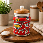 Artisan Red Floral Ceramic Storage Jar with Wooden Lid