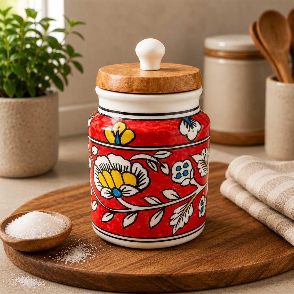 Artisan Red Floral Ceramic Storage Jar with Wooden Lid