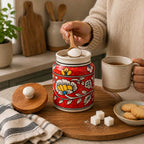 Artisan Red Floral Ceramic Storage Jar with Wooden Lid