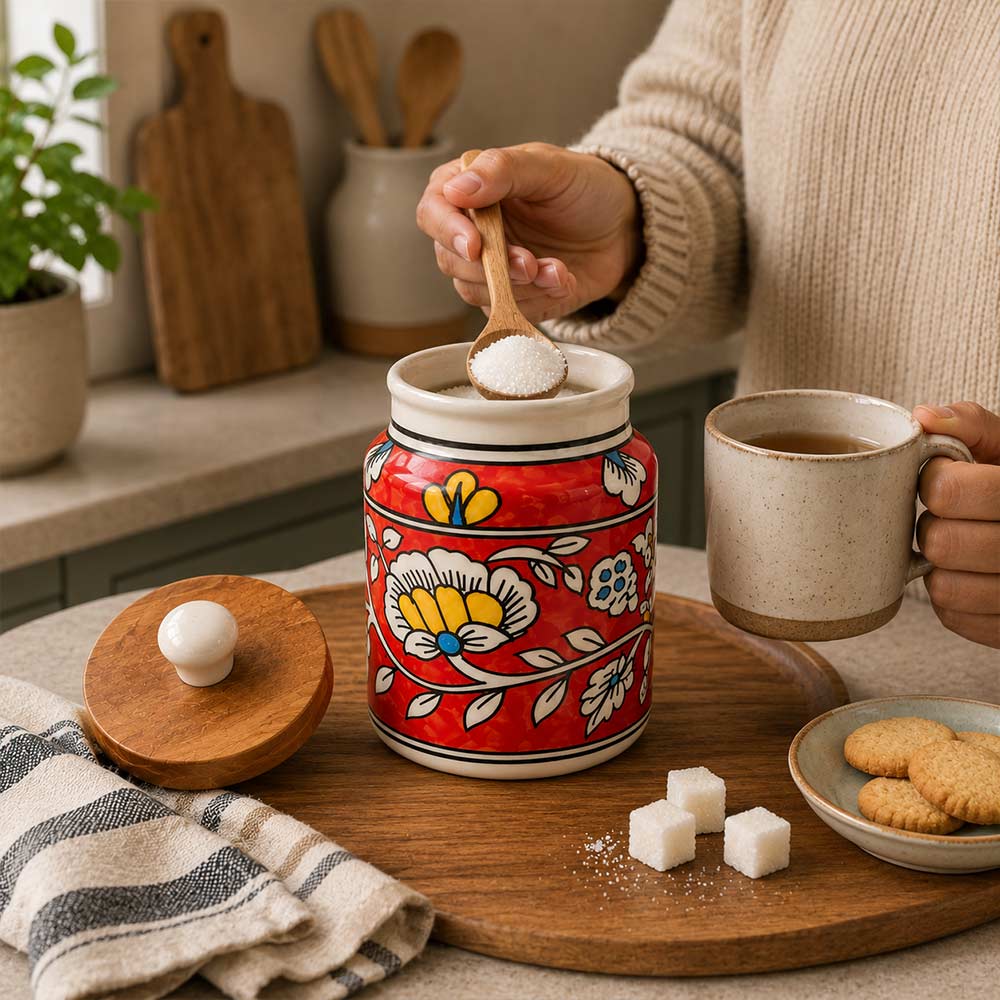 Artisan Red Floral Ceramic Storage Jar with Wooden Lid