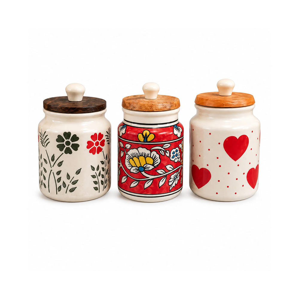 Hand-Painted Ceramic Kitchen Canister Set with Wood Lids