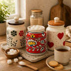Hand-Painted Ceramic Kitchen Canister Set with Wood Lids
