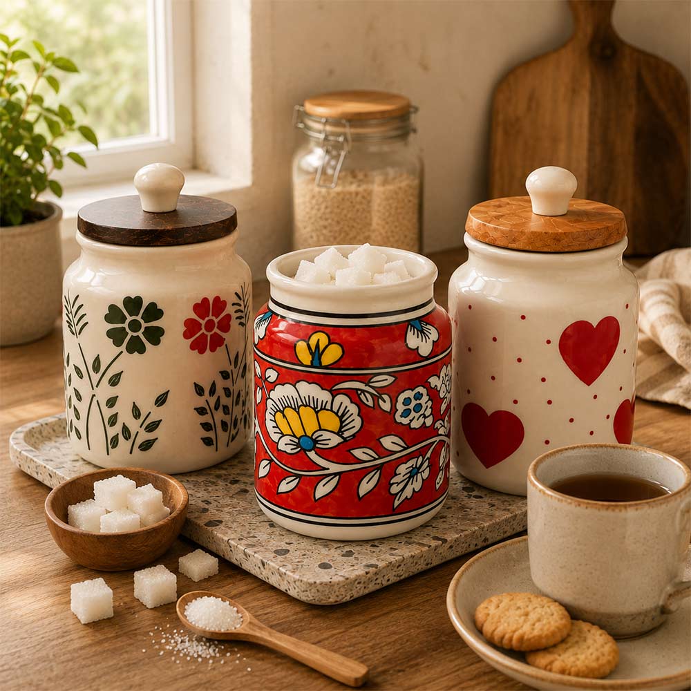 Hand-Painted Ceramic Kitchen Canister Set with Wood Lids