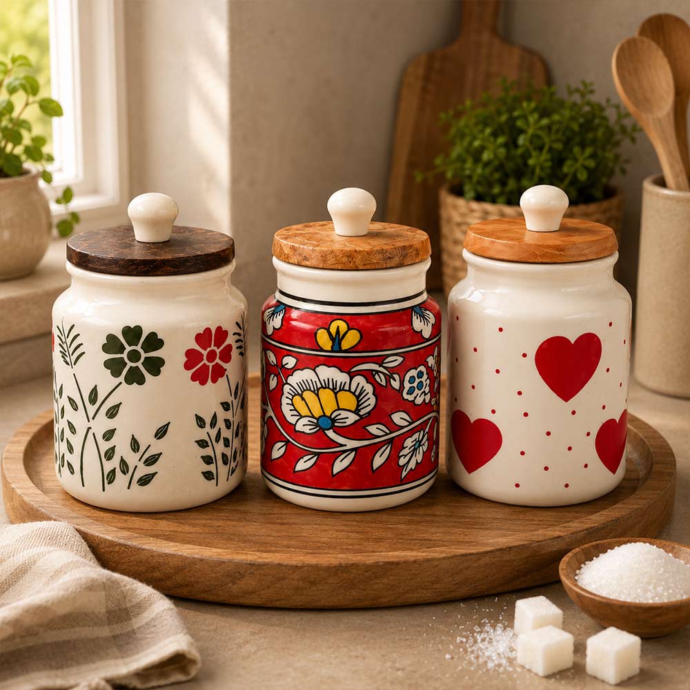 Hand-Painted Ceramic Kitchen Canister Set with Wood Lids