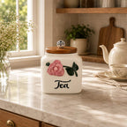 Hand-Sculpted Pink Floral Ceramic Tea Jar with Wooden Lid