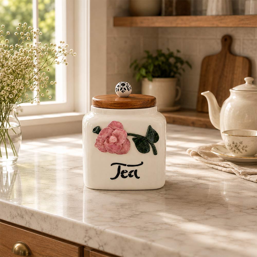 Hand-Sculpted Pink Floral Ceramic Tea Jar with Wooden Lid