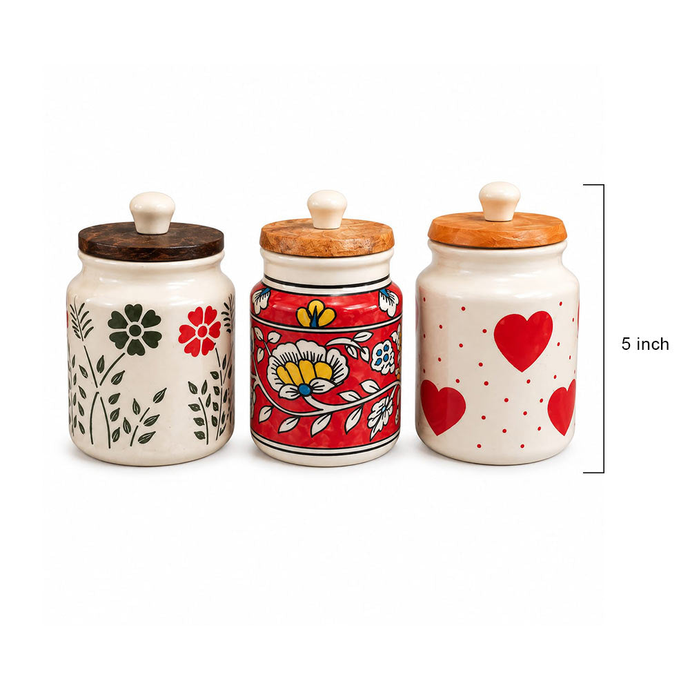 Hand-Painted Ceramic Kitchen Canister Set with Wood Lids