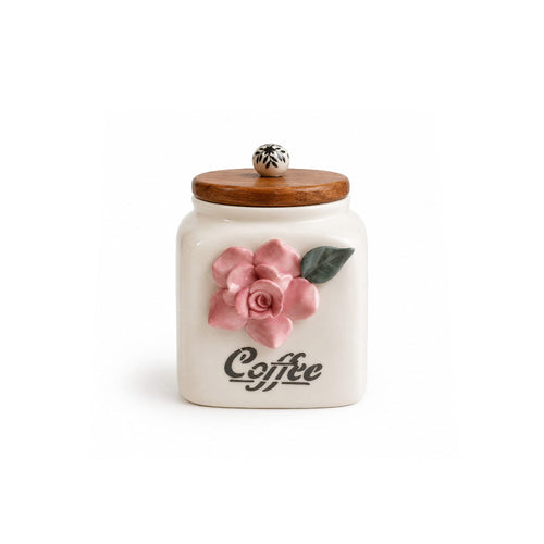 Artisan 3D Rose Ceramic Coffee Canister with Wooden Lid
