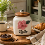 Artisan 3D Rose Ceramic Coffee Canister with Wooden Lid
