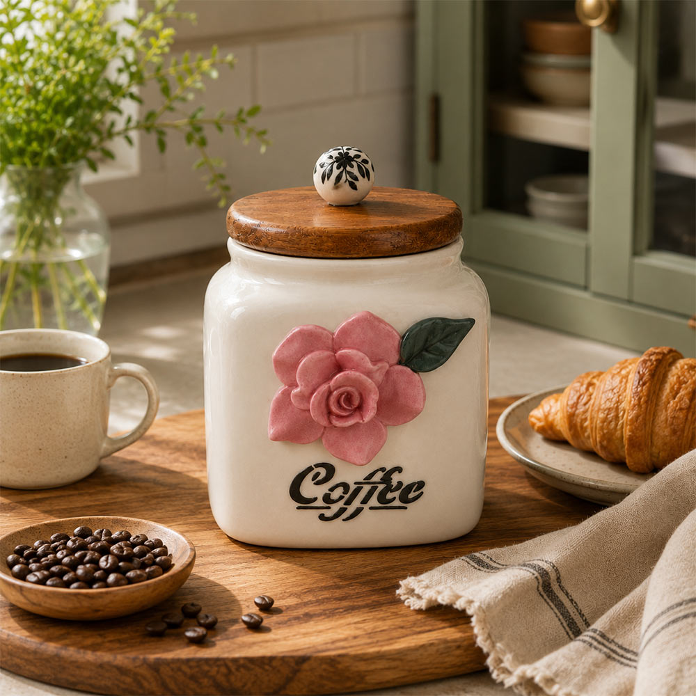 Artisan 3D Rose Ceramic Coffee Canister with Wooden Lid