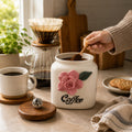 Artisan 3D Rose Ceramic Coffee Canister with Wooden Lid