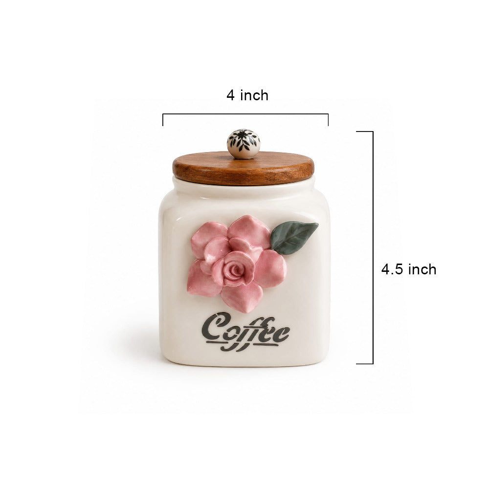 Artisan 3D Rose Ceramic Coffee Canister with Wooden Lid