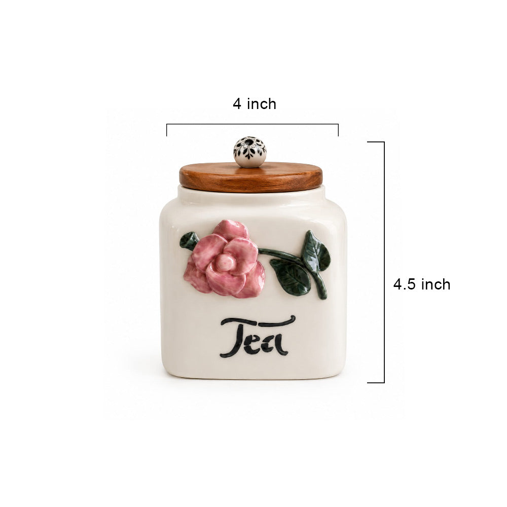 Hand-Sculpted Pink Floral Ceramic Tea Jar with Wooden Lid